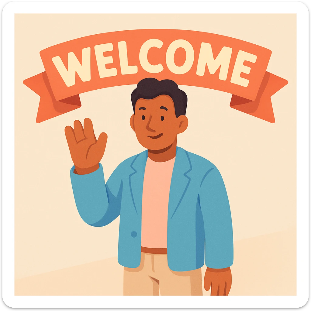 human character, center-frame, casual smart clothing in pastel blues, pinks, and neutrals, warm smile, one hand raised in a wave, stylized 'Welcome' banner behind, isometric perspective, soft diffuse studio lighting, subtle shadows, light depth of field, smooth rounded shapes, realistic skin texture, clean polished surfaces, modern minimalistic setting sticker