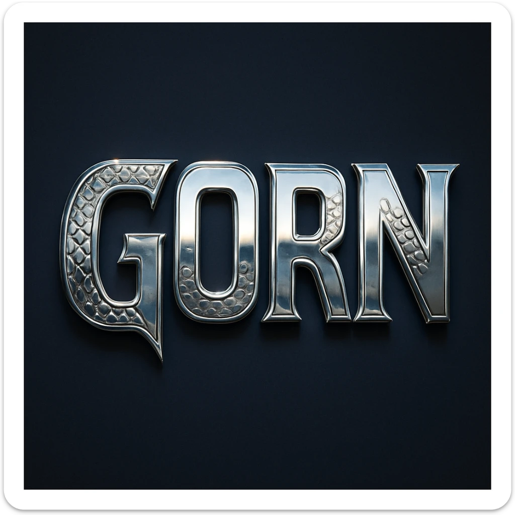 The word 'GORN' in a retro Star Trek style, with metallic letters and a subtle alien motif, referencing the Gorn character. sticker