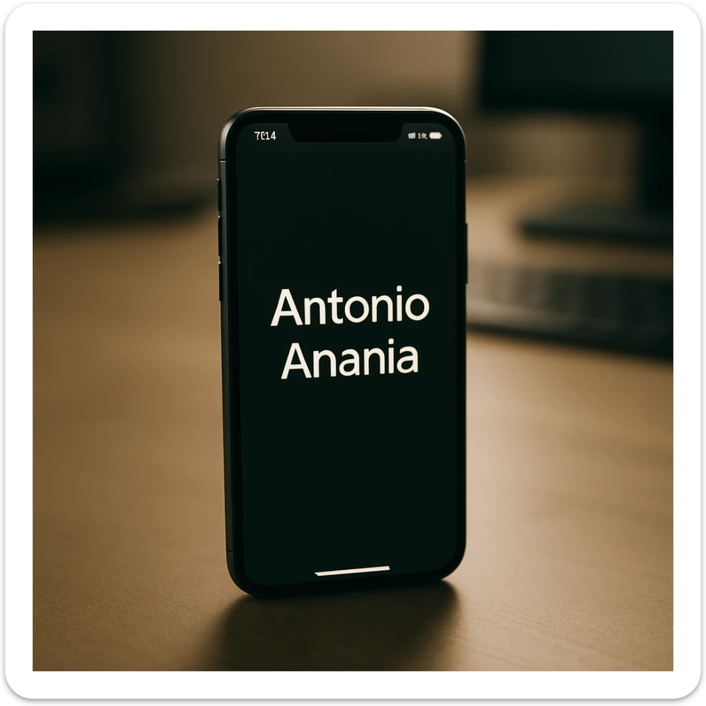 A photo of an iPhone with the message "Antonio Anania" on its screen, The phone sits atop a desk with a blurred background that suggests work environment. A faint glow from above casts gentle shadows across the surface of each object, creating depth and highlighting their textures. sticker
