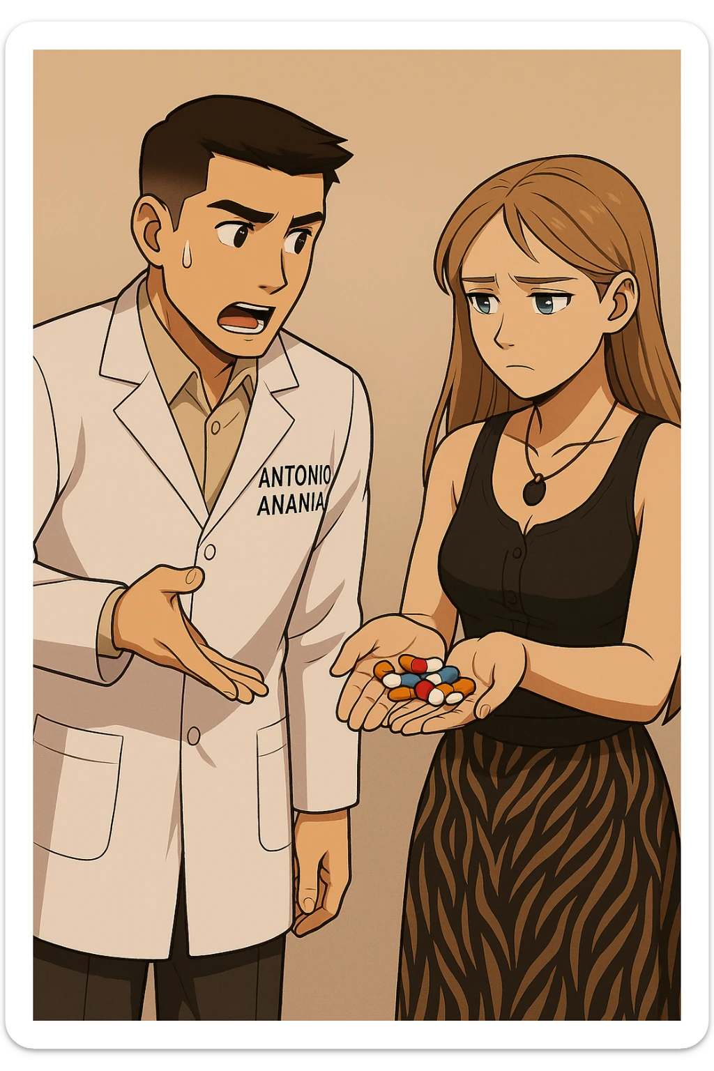 fai un webtoon/manga a colori con questo kinesiologo in camice bianco (fagli la scritta "ANTONIO ANANIA" SUL CAMICE) CHE PARLA CON QUESTA RAGAZZA CON GLI OCCHI AZZURRI. la ragazza gli fa una domanda e IL KINESIOLOGO CON IL CAMICE BIANCO LE risponde. NON FARE I FUMETTI, FAI SOLO LORO COME SE DIALOGASSERO sticker