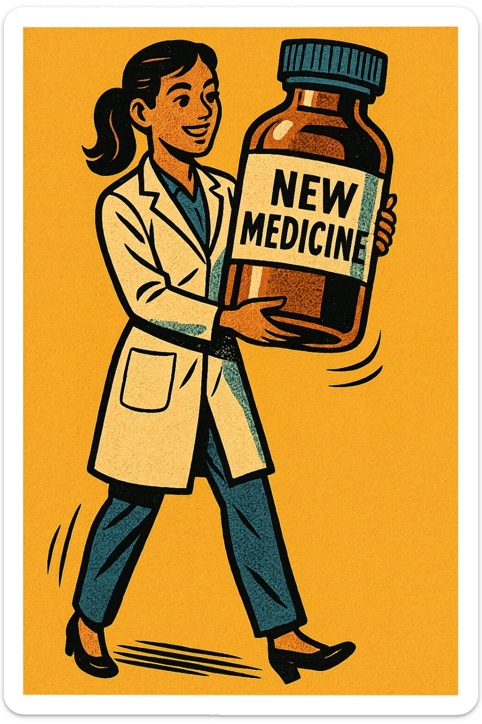 A full body image of modern day female scientist holding a large medicine bottle which is labelled 'New Medicine' sticker