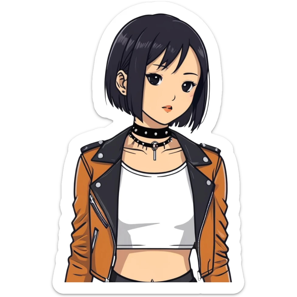 A asian girl with Black eyes and black straight hair with a bob with a black spiked chocker with white tank top with a leather jacket on sticker