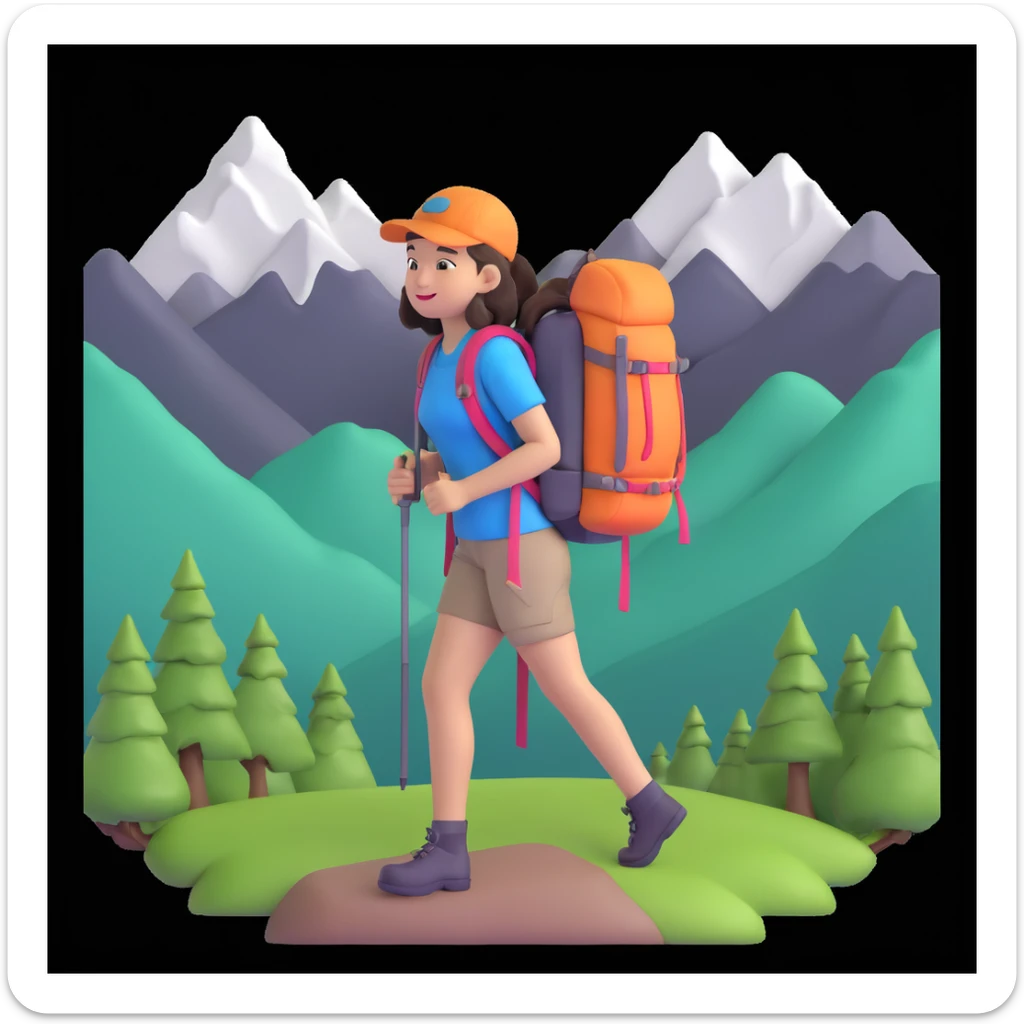 portrait of girl back packing mountains in background, close up pose sticker