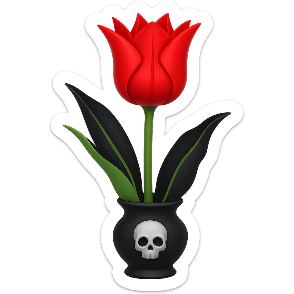 Add a gothic vase under the goth tulip in the style of apple emojis, keeping the background transparent. The style should mimic the apple emoji aesthetic with clean, colorful, and smooth shading typical of apple emojis. sticker