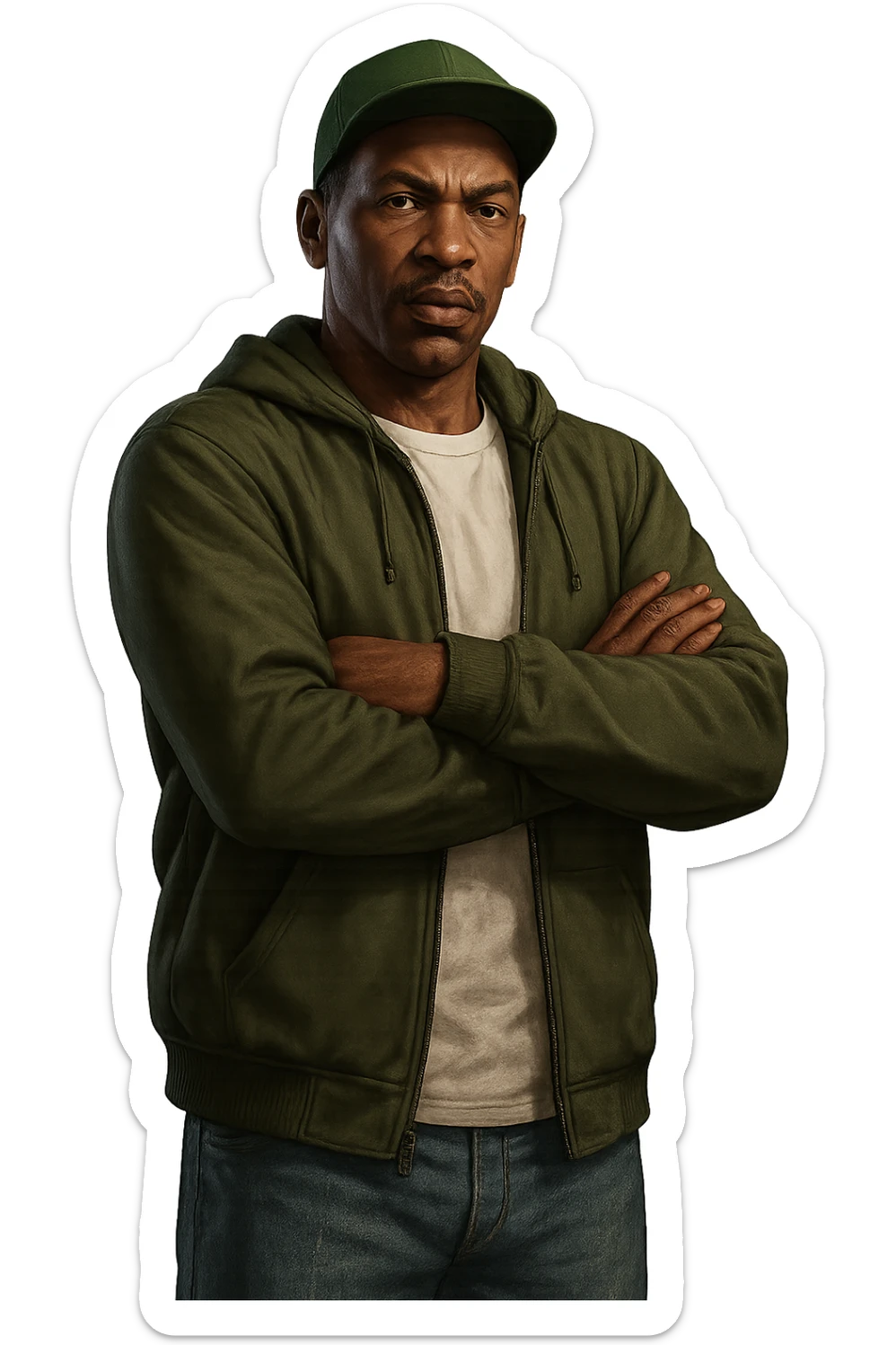 CJ from GTA San Andreas in GTA5 style, crossing arms, urban streetwear, realistic, no background sticker