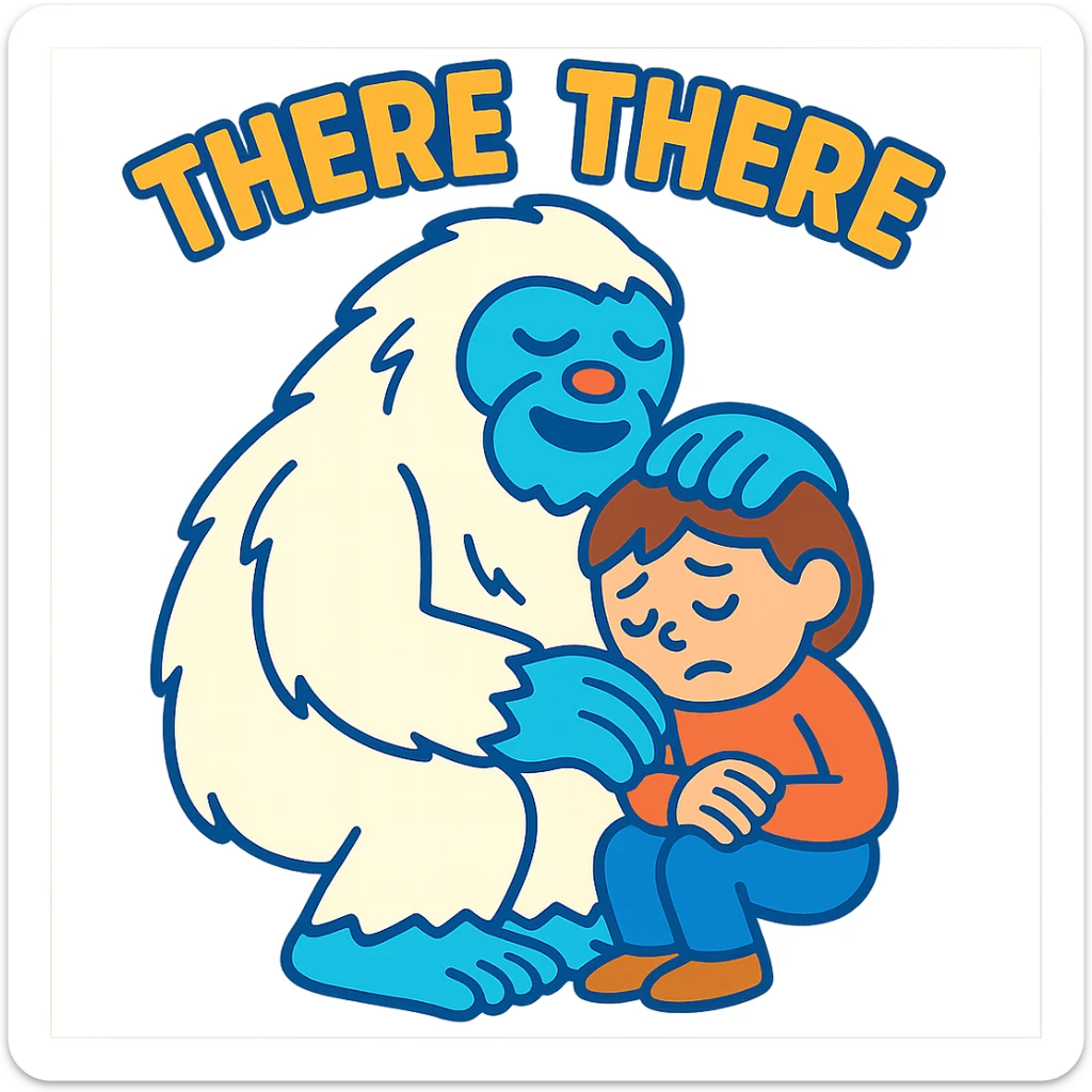 abominable snowman comforting a child, with the words 'there there', vibrant toon style, suitable for YouTube sticker