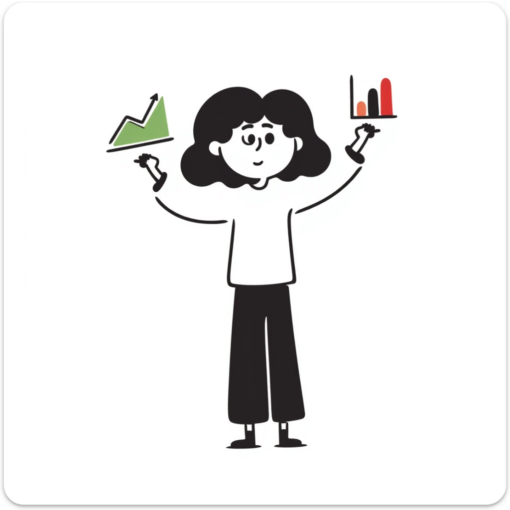 Girl holding chart with rising green graph line in right hand and holding another chart with falling red graph line in left hand sticker
