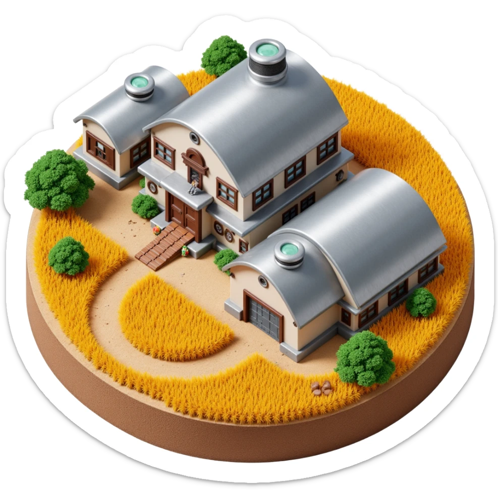 Modern robotic farm in skeuomorphism style, metallic buildings on visible soil, golden wheat fields, harvest robots, glowing pipes, emoji-style sticker