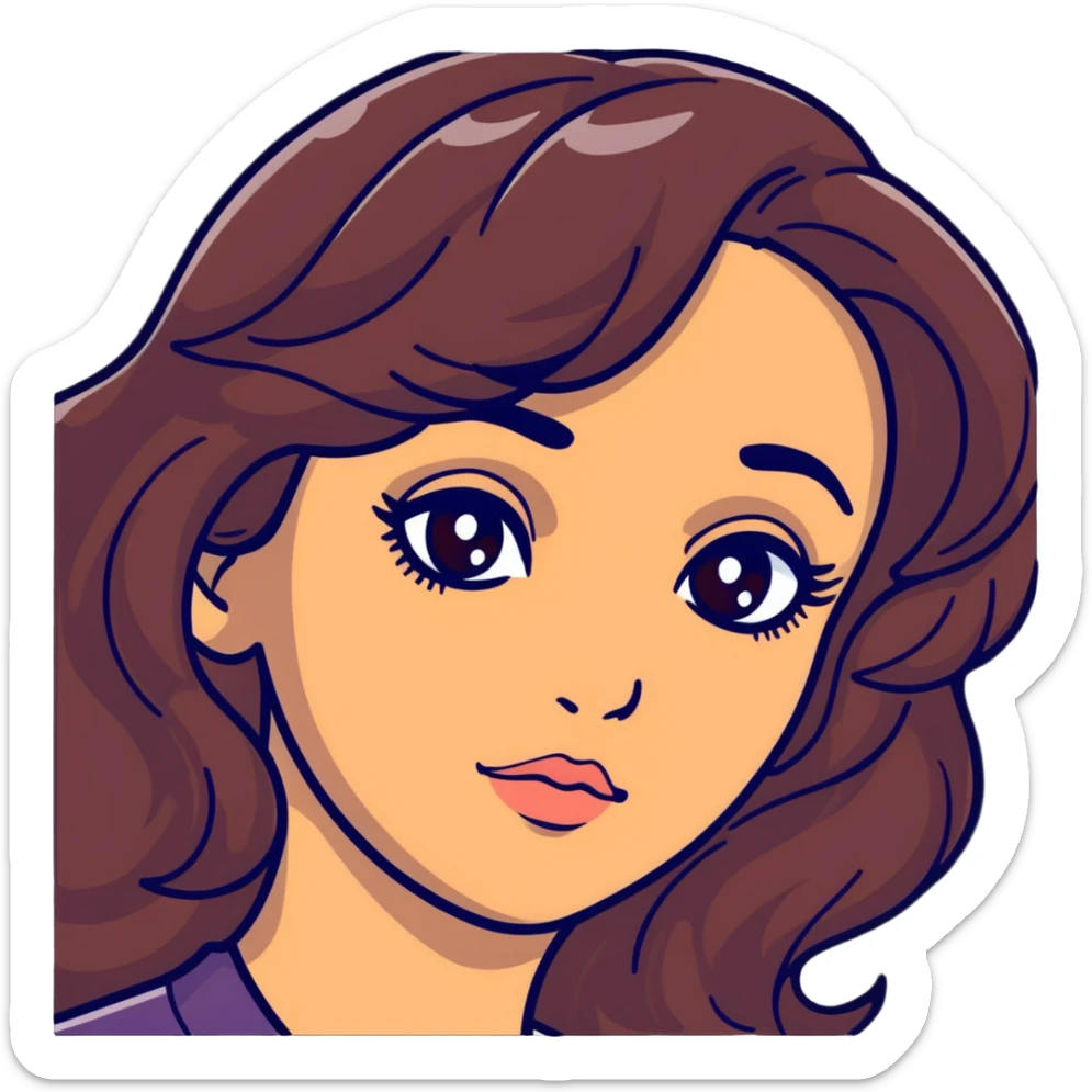 woman face with big eyes, medium skin tone, and dark wavy hair sticker