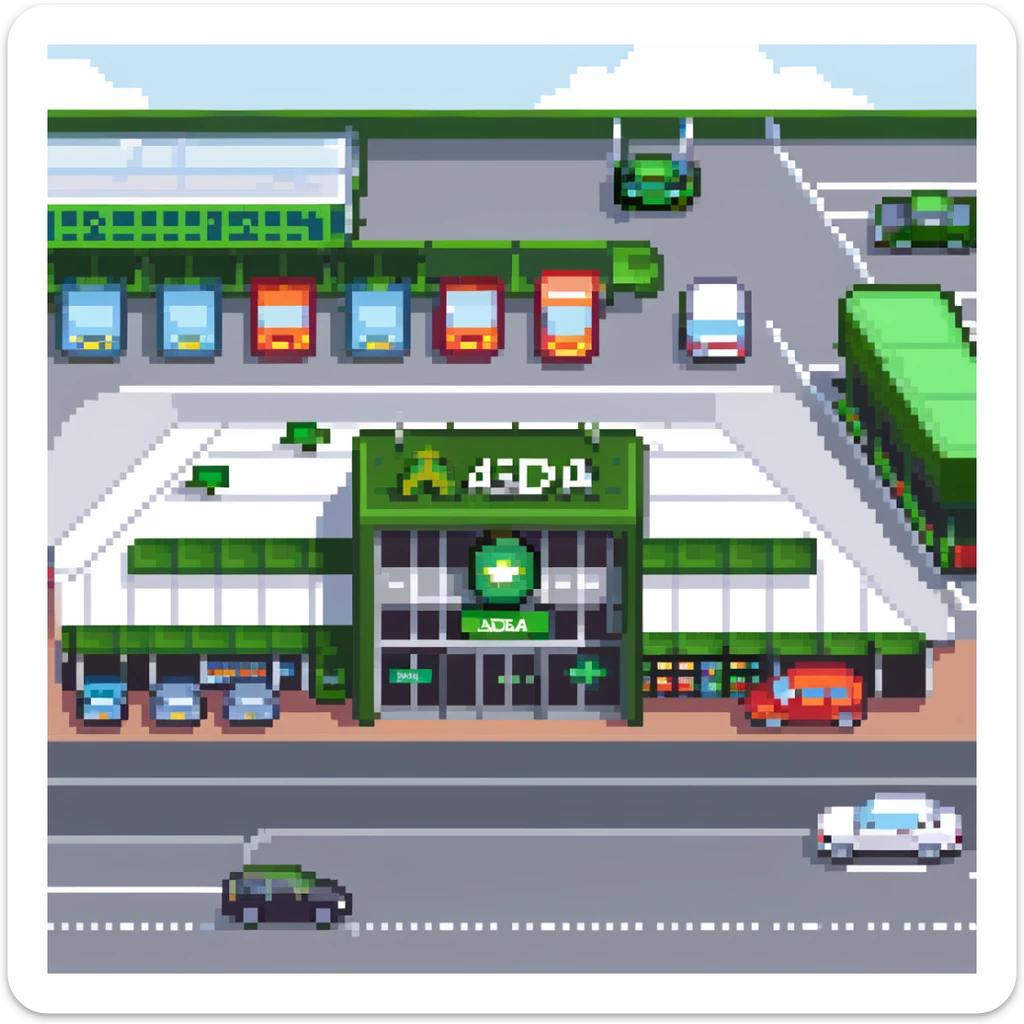 Isometric view of an ASDA supermarket building with green signage, large glass entrance, shopping trolleys bay, and car park with British cars sticker
