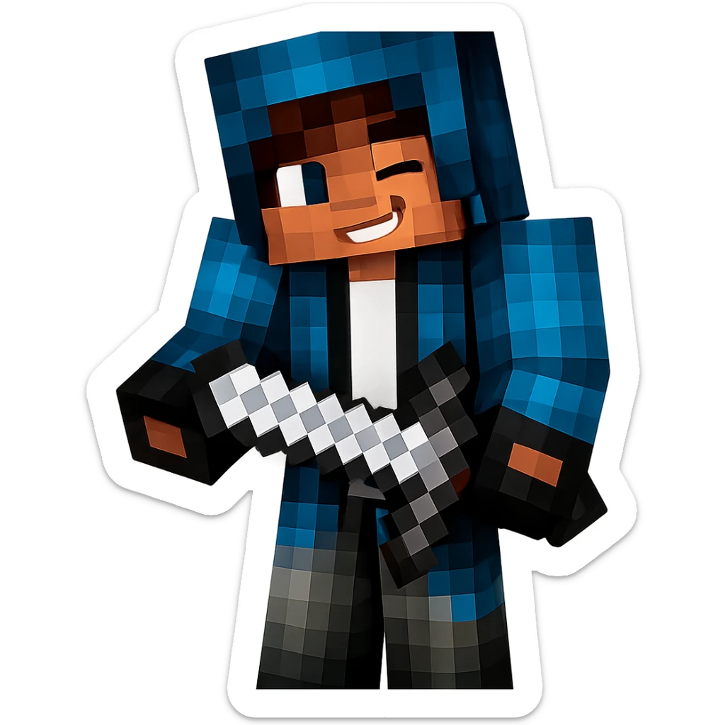 Edit the Minecraft character in the blue hoodie to have a winking playful facial expression. Keep the pose, outfit, and quality exactly the same. Transparent background. sticker