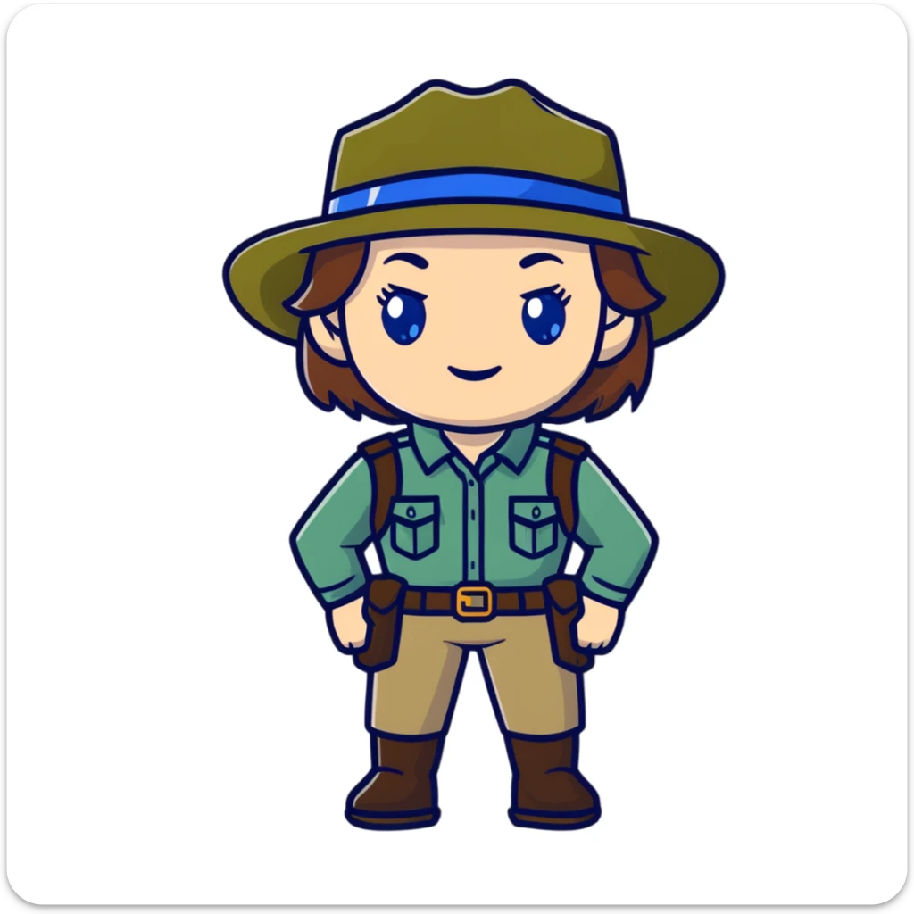 white woman park ranger with brown hair and blue eyes in a nature background sticker