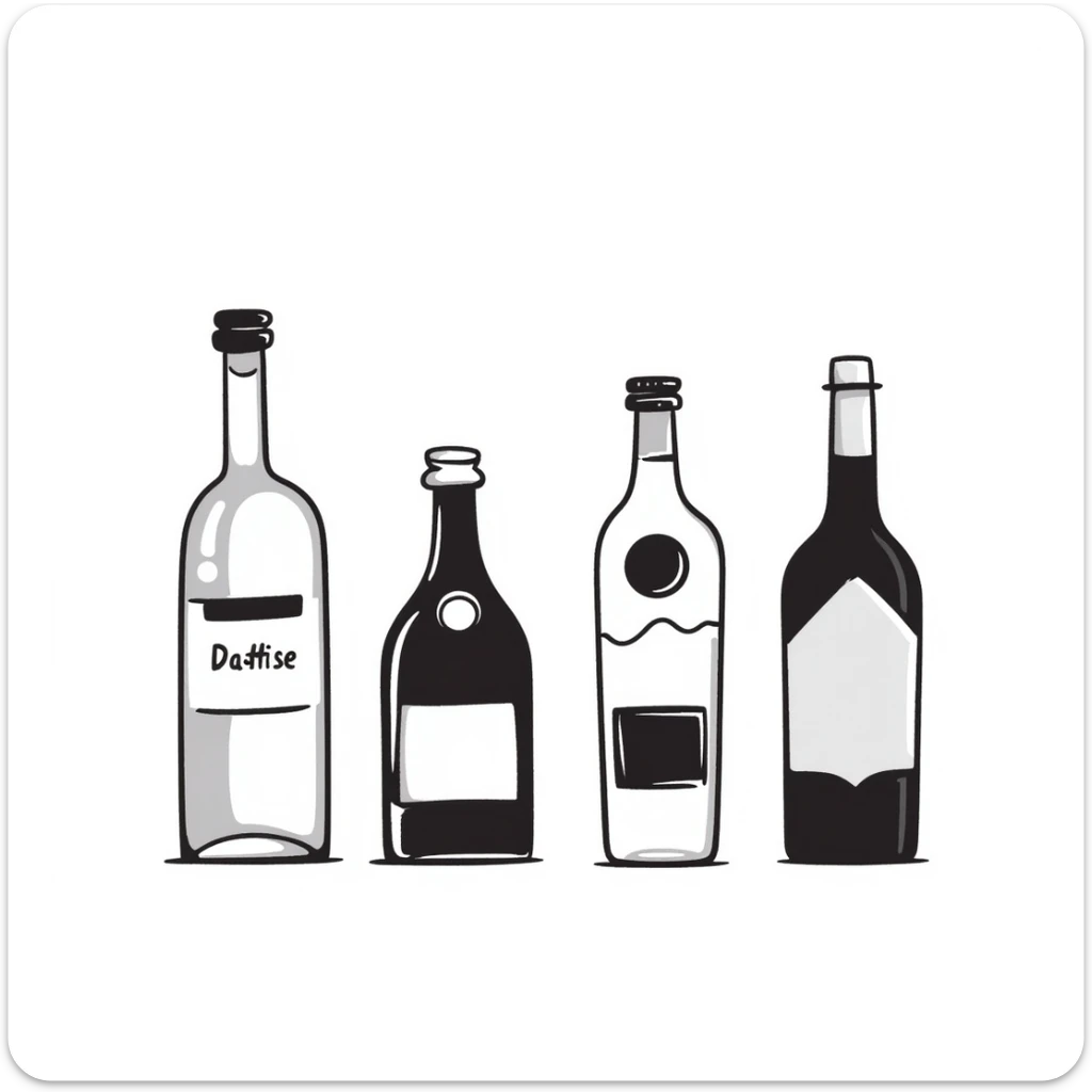 Four bottles of alcohol, each with distinct shapes and labels, arranged neatly in a row. The bottles should vary in color and size, with detailed labels and caps. sticker