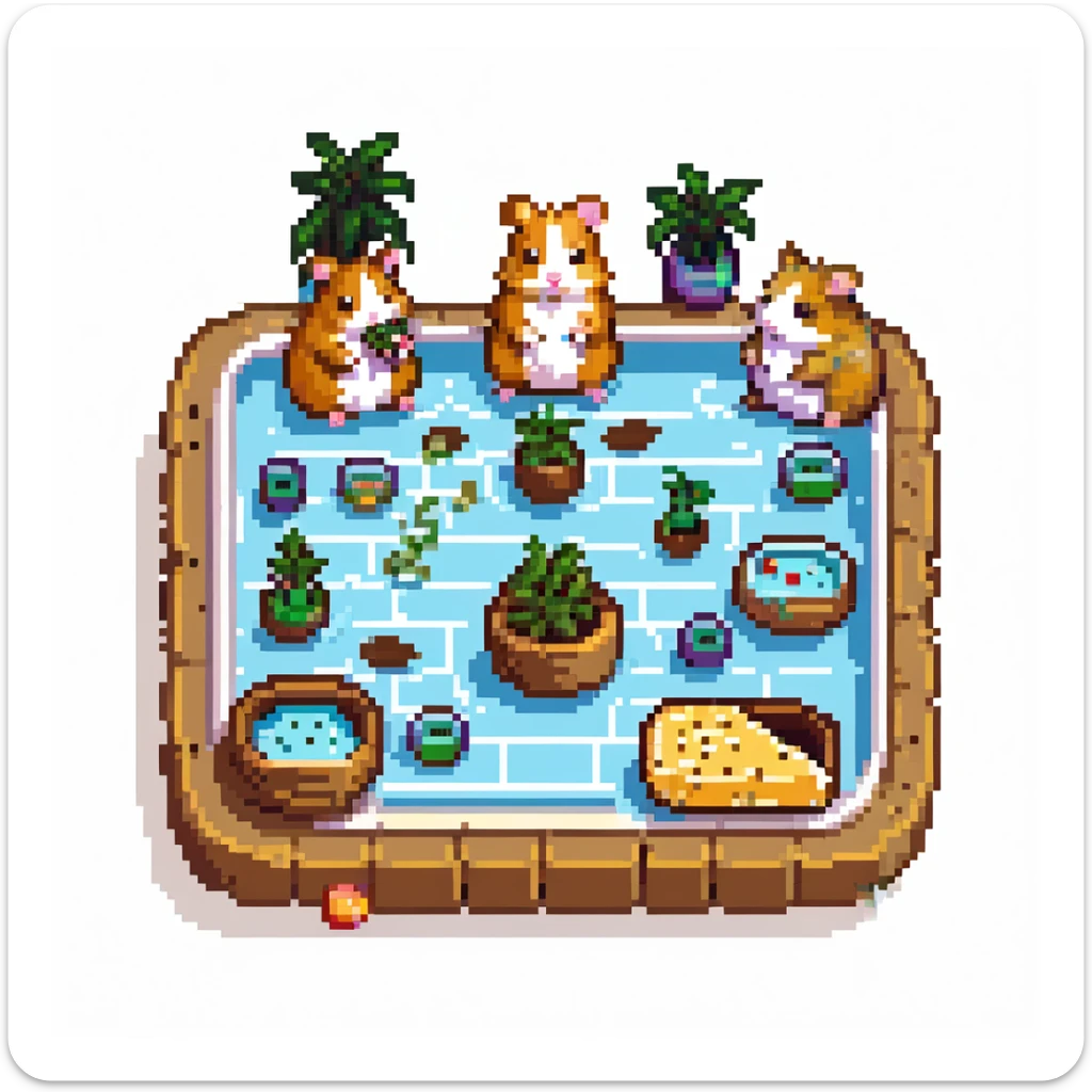 pixel art scene of a hamster cult celebrating with THC weed at a pool party, cheese platters included, vibrant and playful sticker