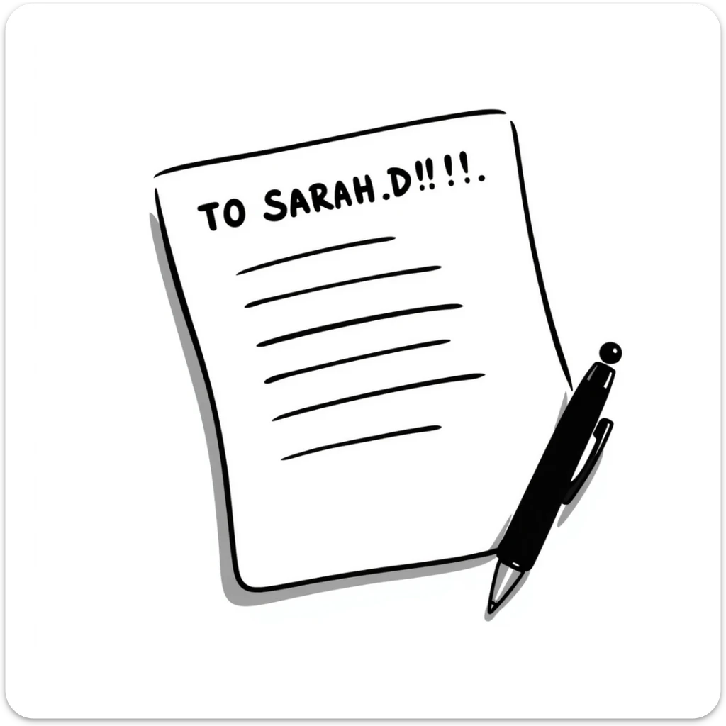 a paper letter with "TO SARAH" text written at the top of the letter, with a pen lying next to it sticker