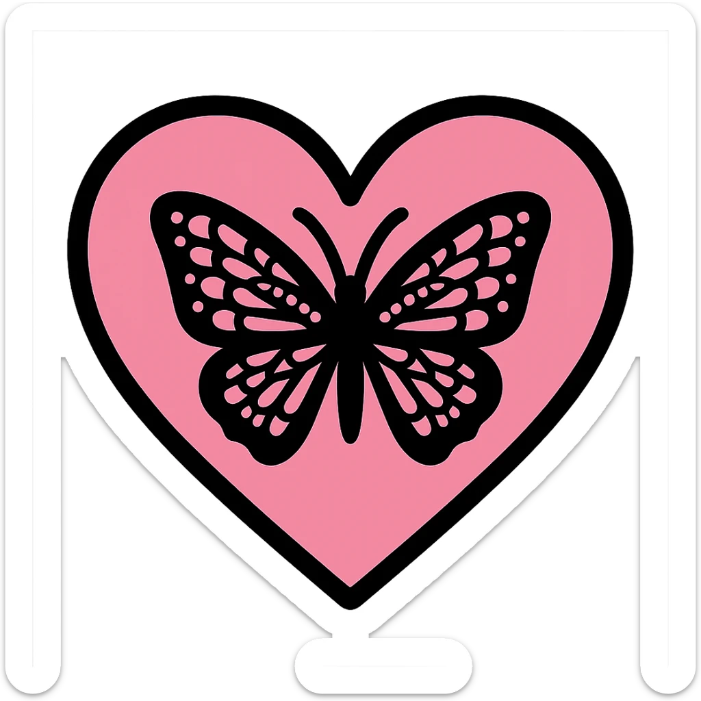 gothic heart with a black lace butterfly, color icon filled style, pink and black sticker