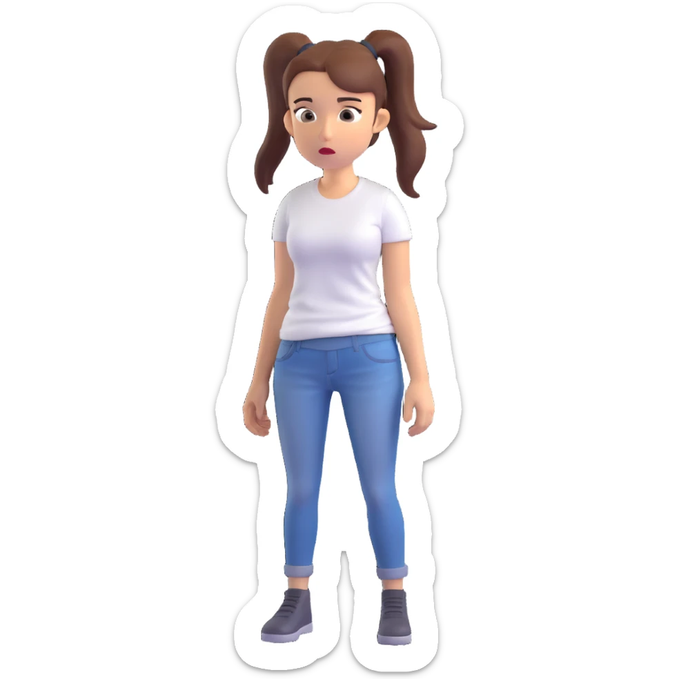 small 3D woman with ponytail, white t-shirt and jeans, looking confused sticker