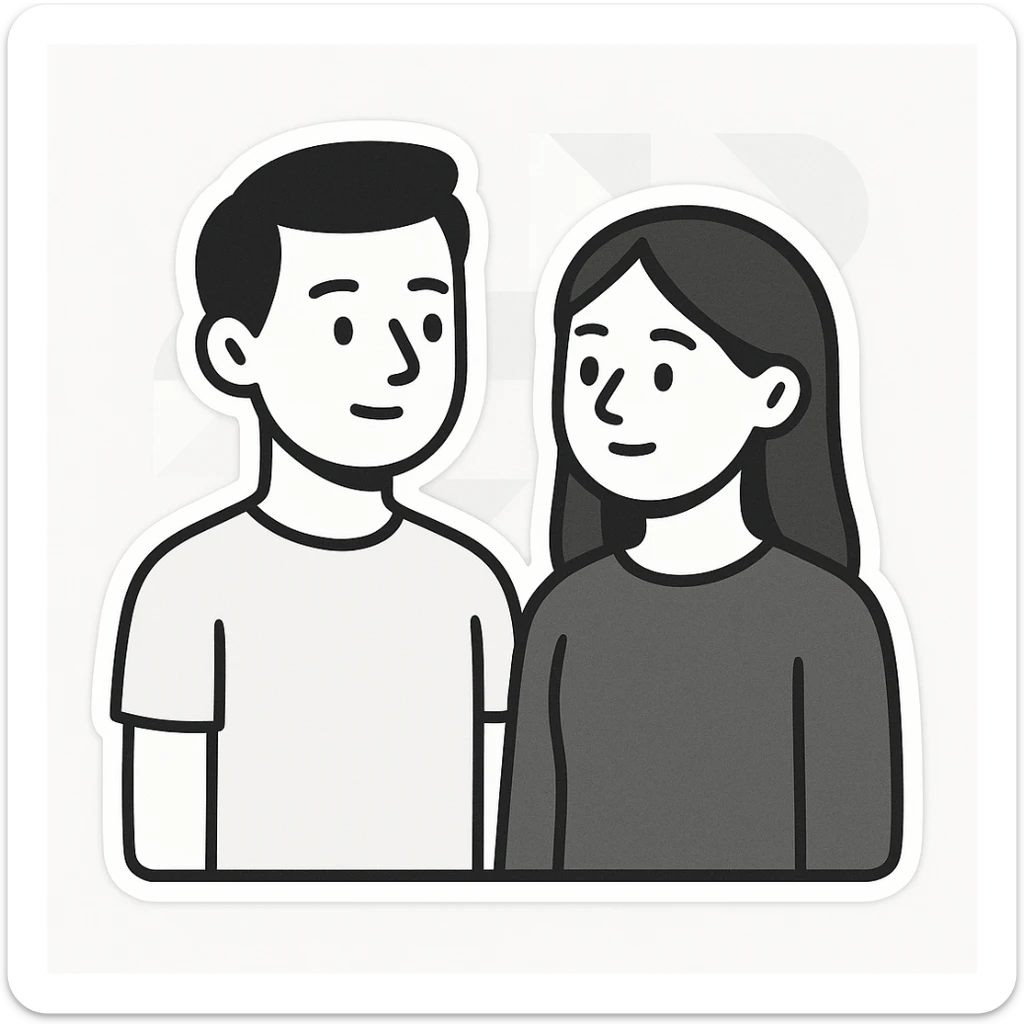 Sticker of Sasha and Yulia, two young lovers, in a minimalist and modern style, with simple shapes and muted colors, standing side by side and looking at each other, with a background of a geometric pattern or an abstract design. sticker