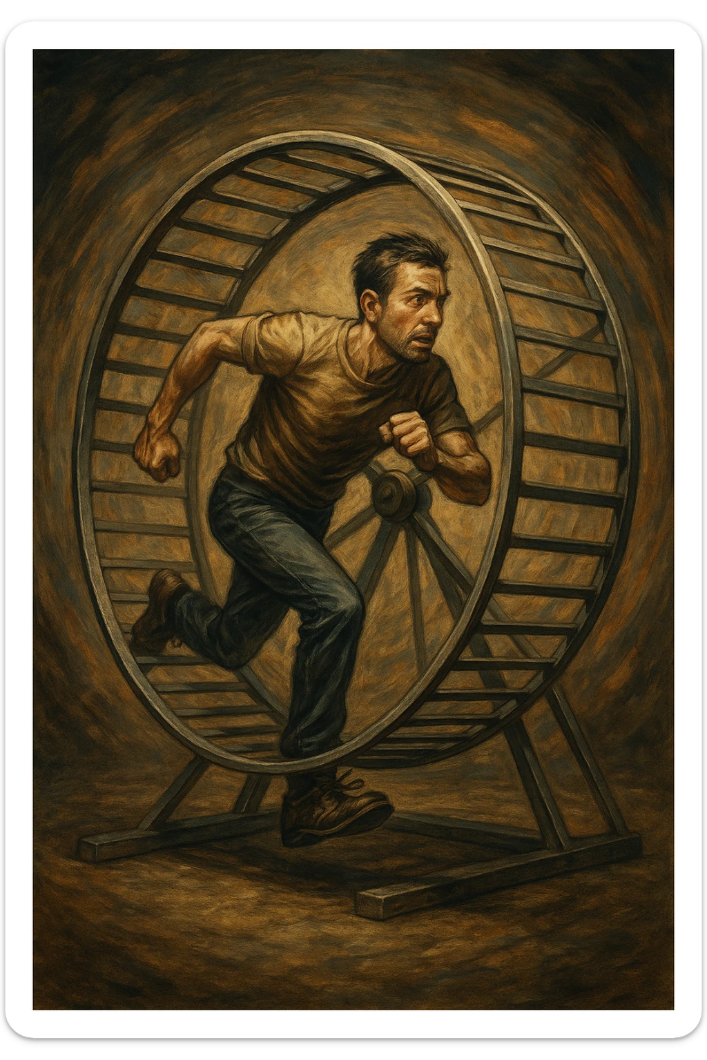 uomo che corre dentro la ruota del criceto come un circolo vizioso sticker