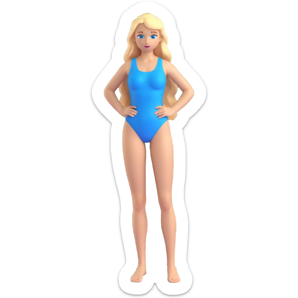 a woman in a one-piece swimsuit, long blonde hair, blue eyes, standing pose sticker
