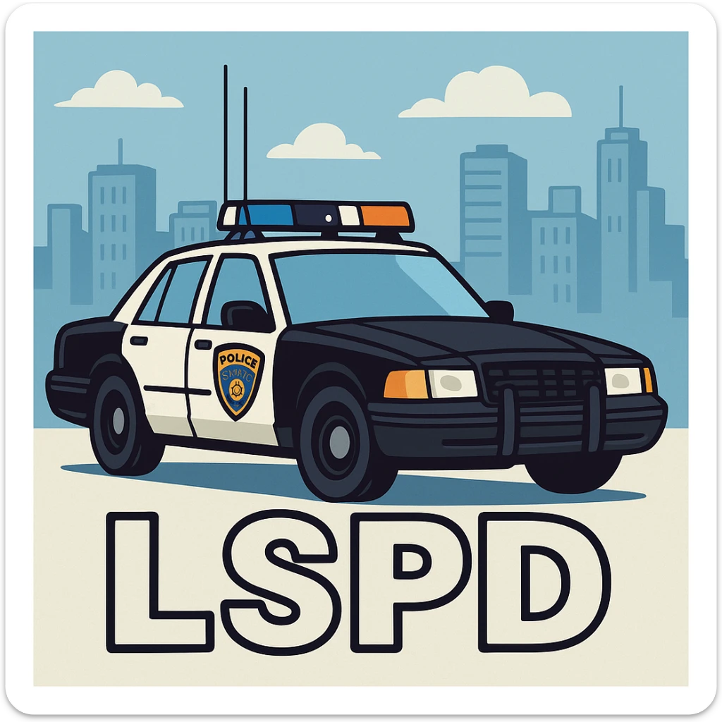 Make the police car black and white, add a city background, and add the caption 'LSPD' in a cartoon style. sticker