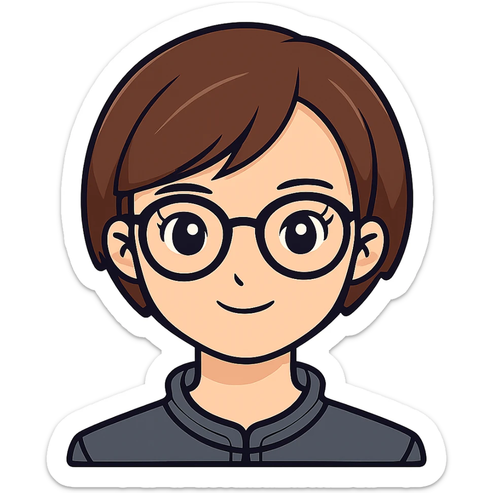 Add glasses to the female with short brown hair in the style of sticker (cartoonish stickers). sticker