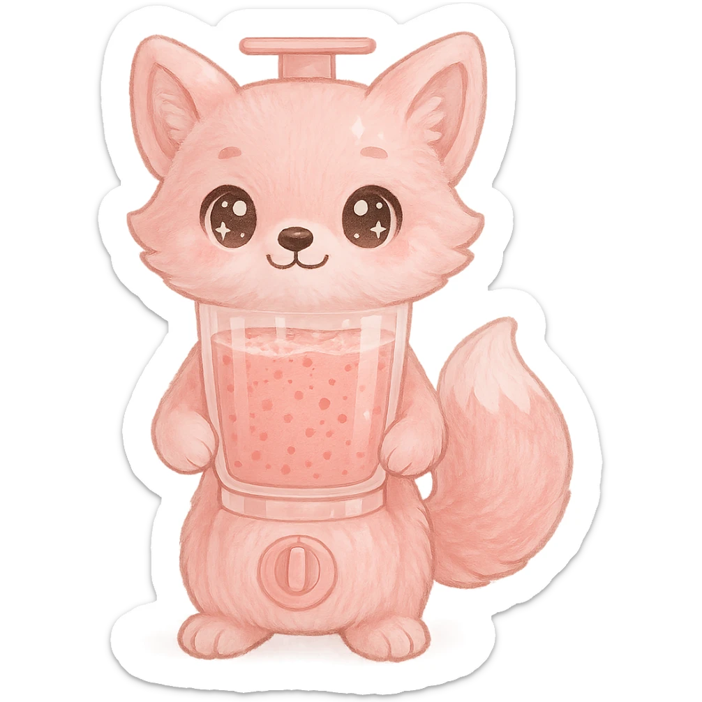 Enhance the image to high quality, keeping it as a full-body soft kawaii fluffy fox blender with a transparent body showing a fruity smoothie inside, sparkling eyes, pastel pink colors, and a transparent background. Maintain the soft kawaii style and fluffy texture with a clear transparent effect on the body to show the smoothie inside. The eyes should sparkle with charm and the overall look should be pastel pink and adorable. sticker