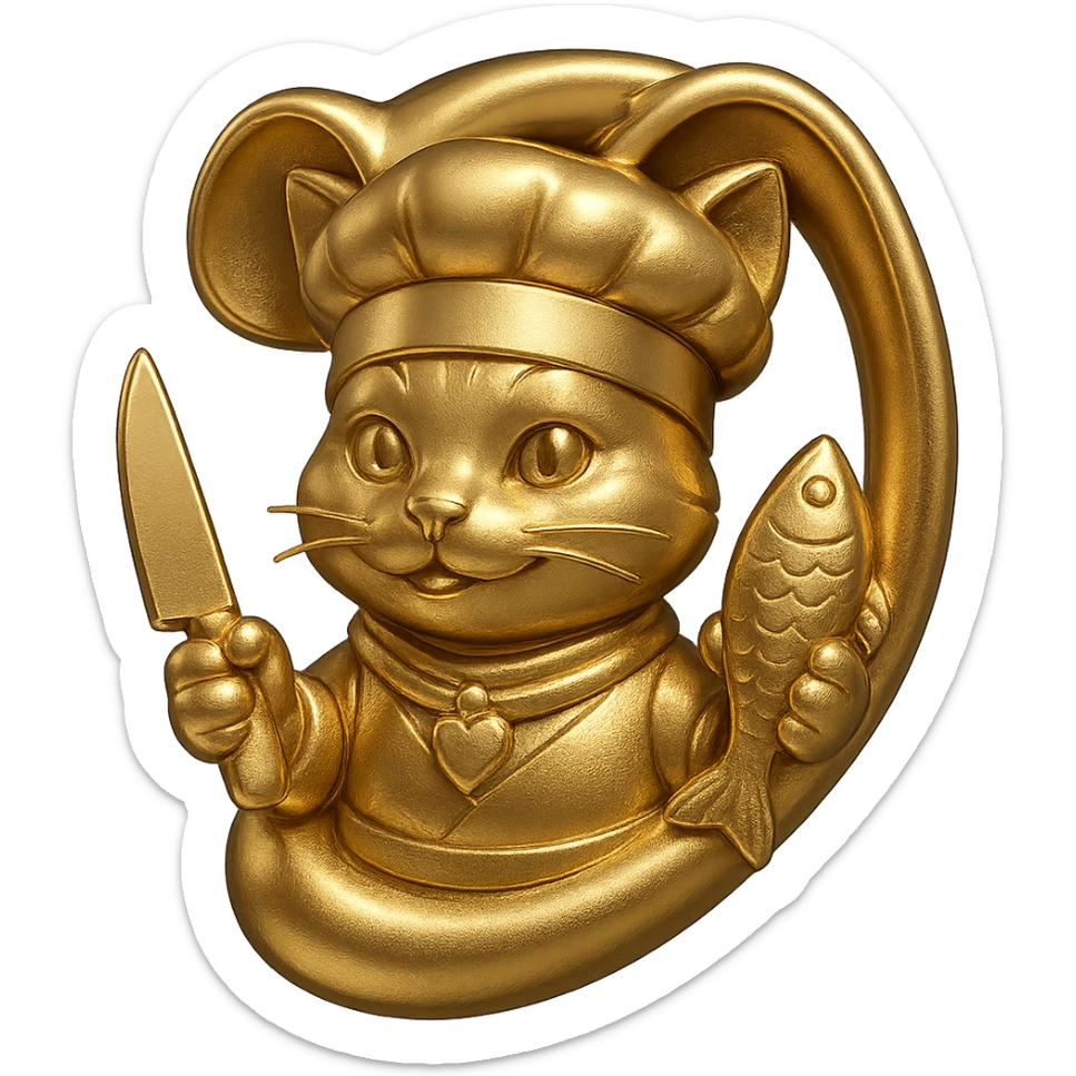 Add a single large gold earring to one ear, and make the cat chef hold a knife in one paw and a fish in the other. Keep the bandana and chef look, with no background. sticker