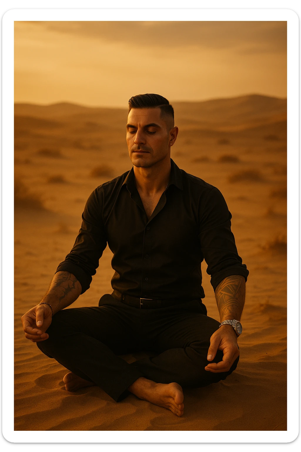 Man meditating alone in the desert at golden hour, sitting in a calm but grounded posture, radiating calm and powerful masculine energy. Minimalist surroundings, soft wind, dust in the air. Peaceful expression, symbolic of self-mastery and inner strength. Cinematic style. sticker