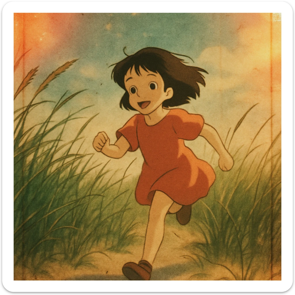 style of anime, 8mm film, gritty, the image shows a young girl running in a field of tall beach grass, light leaks, overexposed, nostalgic feel sticker