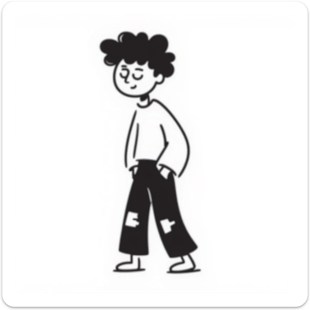 doodle of a person with messy, scruffy hair and ragged clothes, looking like a bum sticker