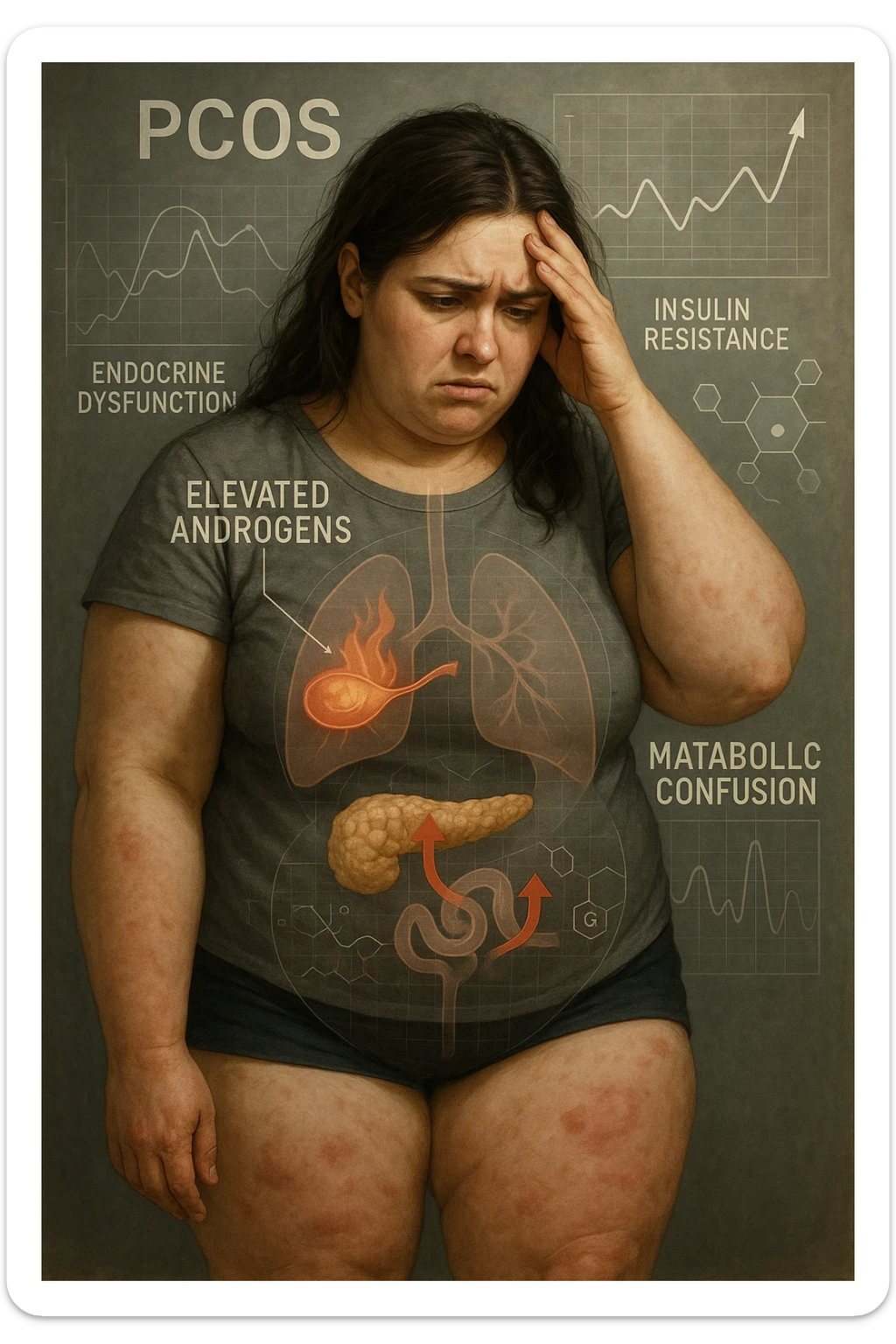 cinematic realistic in italiano Woman with PCOS struggling with hormonal chaos, transparent overlay showing elevated androgens and insulin resistance affecting her body, lipedema causing disproportionate fat accumulation in legs and arms despite normal torso, expression of frustration with unexplained weight gain, medical charts showing complex endocrine dysfunction, painful swollen limbs contrasting with metabolic confusion scrivi in italiano sticker