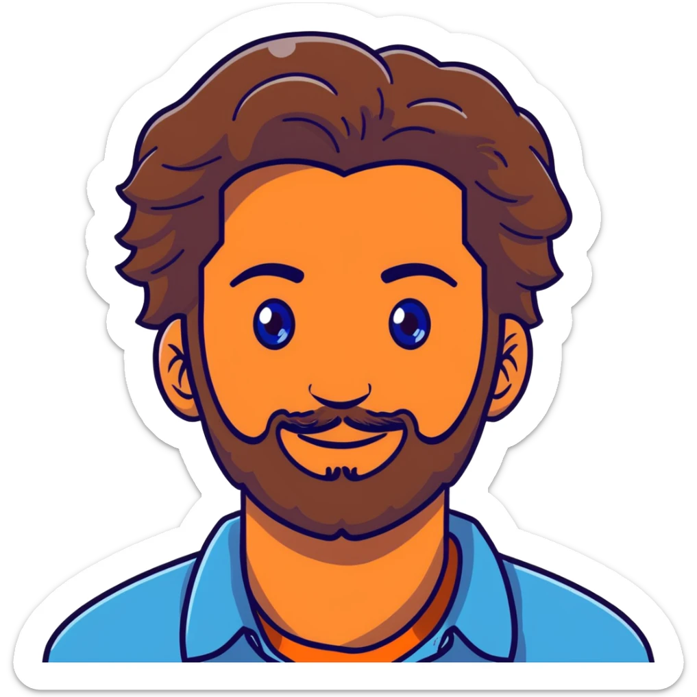 Lebanese man with one blue eye and one brown eye, light beard, kind smile, blue shirt, brown longish wavy hair sticker