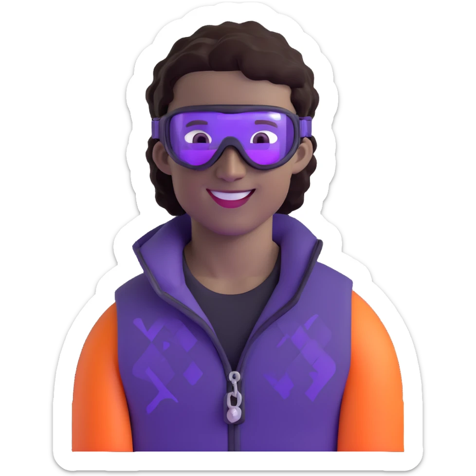 close-up of cool guy male athlete with white skin and moderately curly dark brown hair on top with shaved sides, wearing ski goggles with purple frames and very dark black lenses, winking behind the goggles, with an open mouth confident smile like a cool guy, a simple plain black chain necklace, and a completely unzipped sleeveless vest with purple and black sequin fire pattern design with no logo sticker