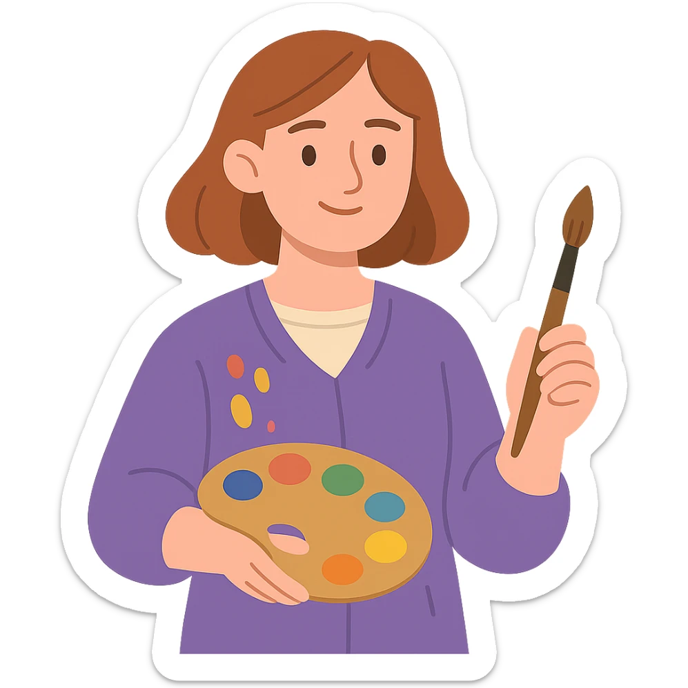 Serene female oil painter, Caucasian features, shoulder-length auburn hair, soft brown eyes, gentle smile, wearing a violet painter’s smock lightly stained with paint over a beige blouse, holding a wooden palette with vibrant colors in one hand and a brush in the other, waist-up, front-facing sticker