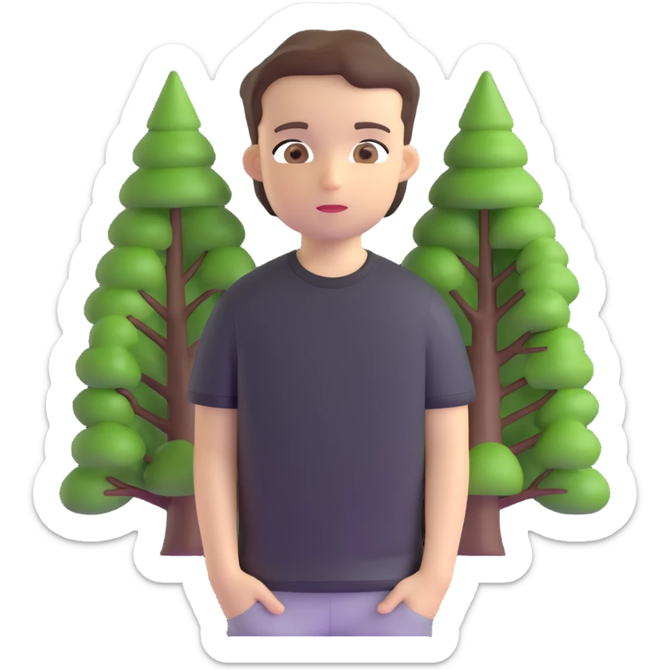boy with straight short brunette hair brown eyes black tshirt on and tree behind sticker