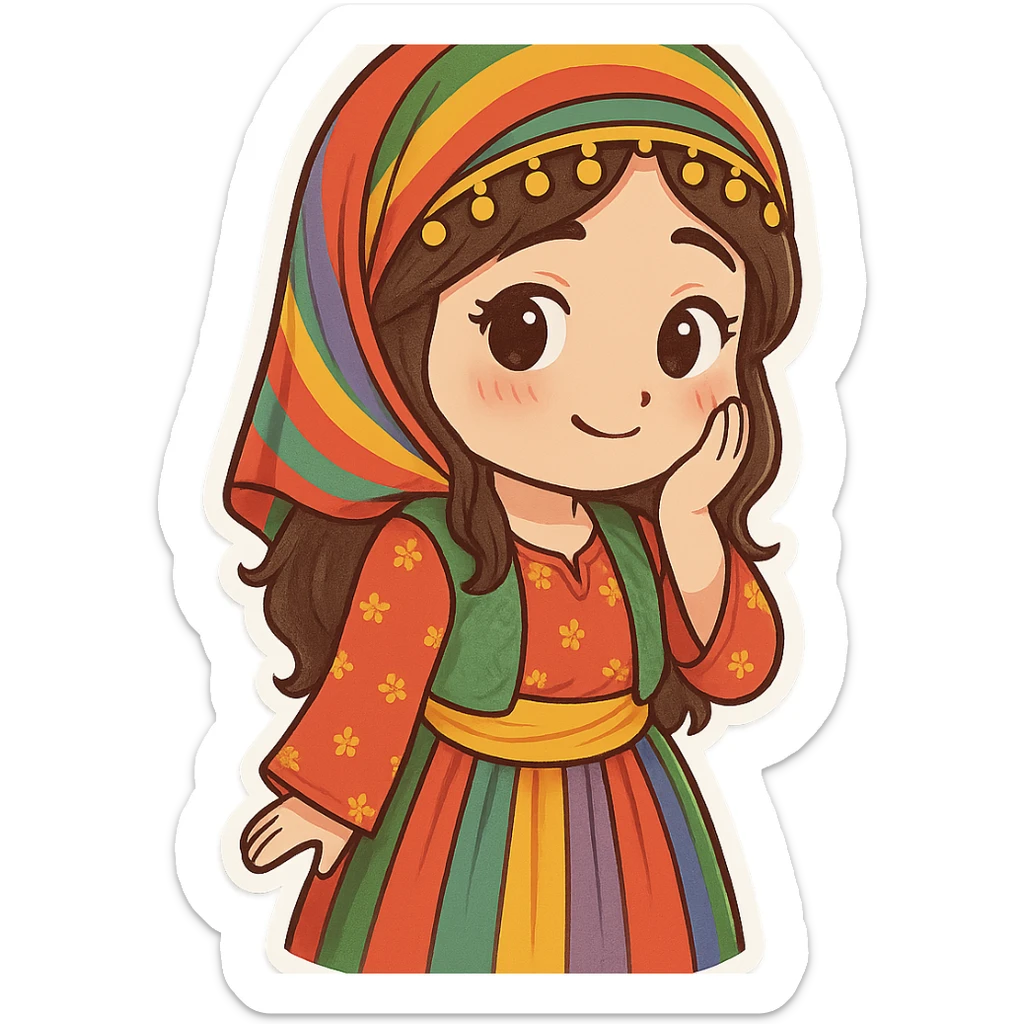 Cartoon sticker of a Kurdish woman wearing traditional colorful and cheerful Kurdish female clothing, face showing a shy expression, one hand on the face, shy smile (matching the reference pose), no shadow or color halo around the image, no text, suitable for WhatsApp and Instagram, with a completely transparent background. sticker