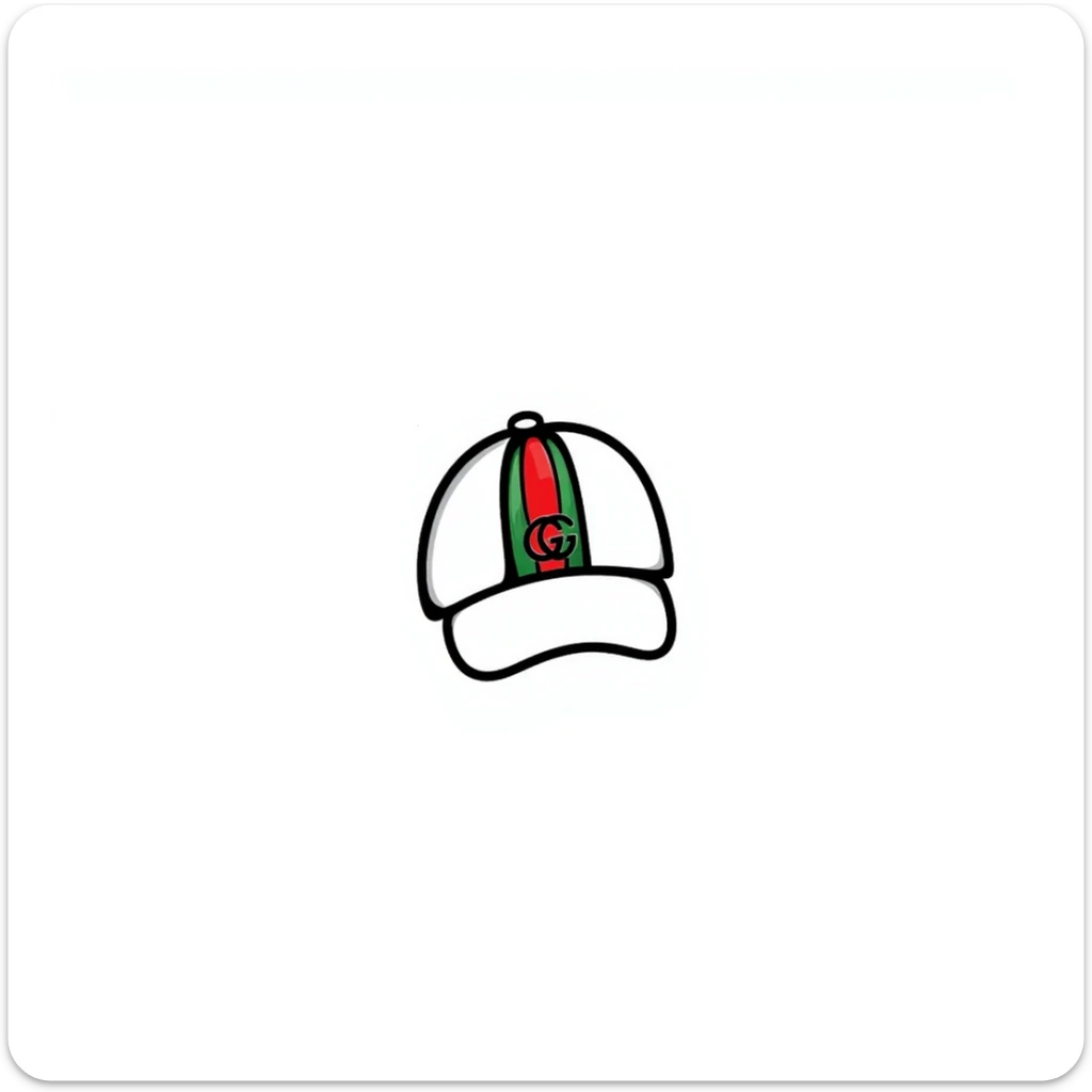hand-drawn doodle of a Gucci cap with signature green and red stripes and logo sticker