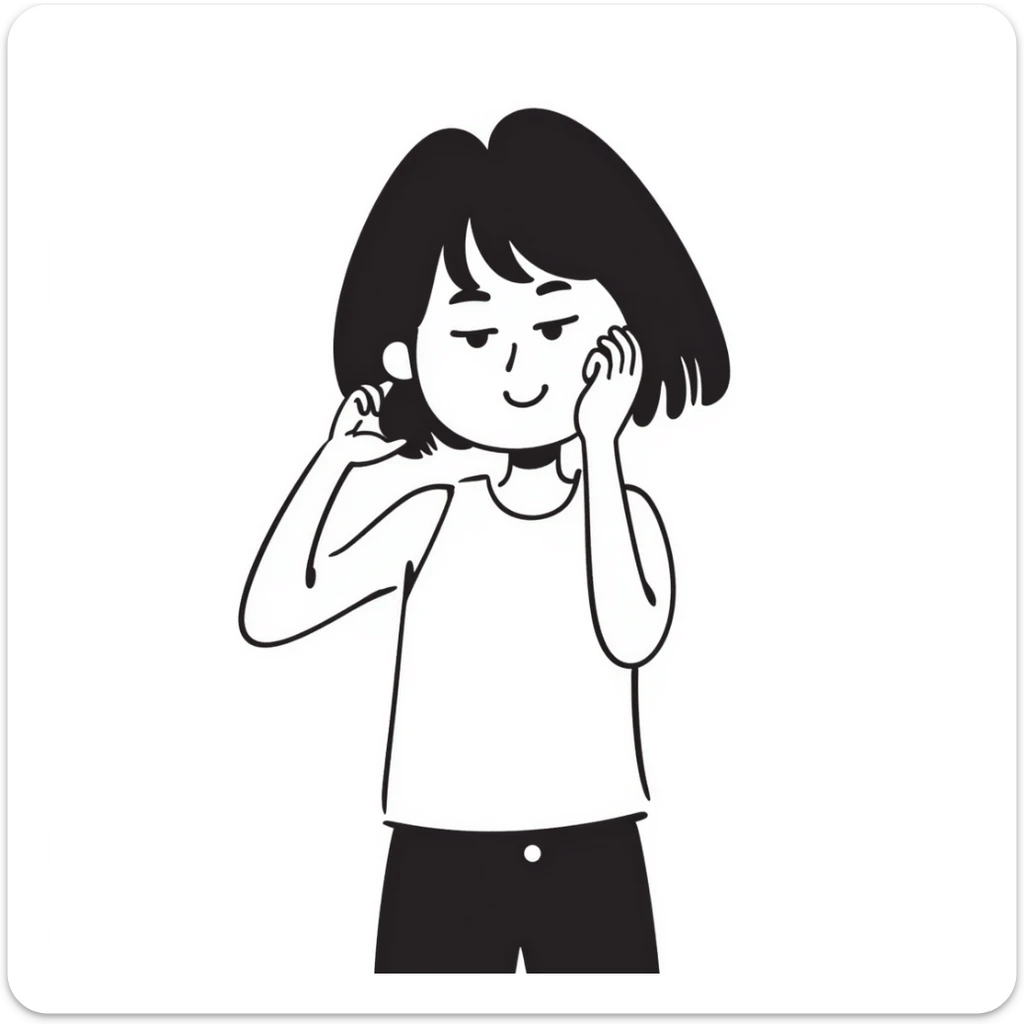 shy girl tucking her hair behind her ear, hand drawn notion style doodle sticker