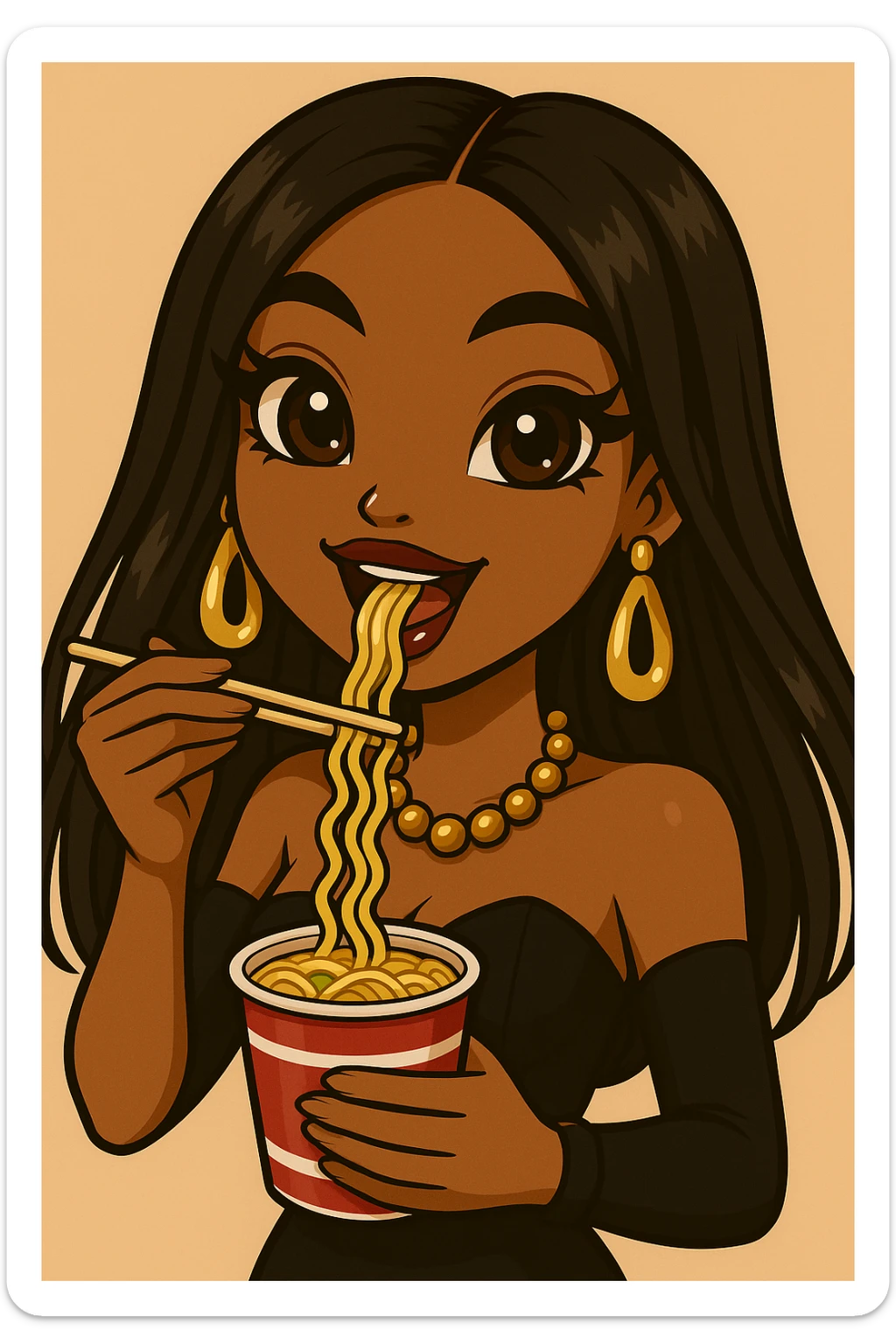 Change the pose to a 20-year-old anime Bratz style woman with dark skin, straight hair, trendy outfit, big expressive eyes, glossy lips, no hat, no tears, happy expression, looking straight ahead, eating a cup of noodles with chopsticks, headshot only. sticker