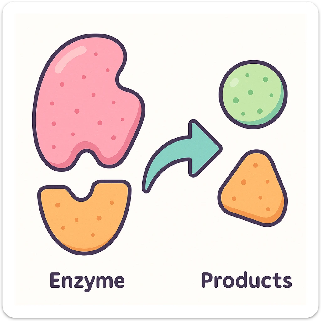 Ultra-detailed scientific illustration  (like in a school book) of enzyme digestion. Macro molecular view, clean white background, no text, no human figures or cartoon characters. Purely biological focus and really detailed sticker