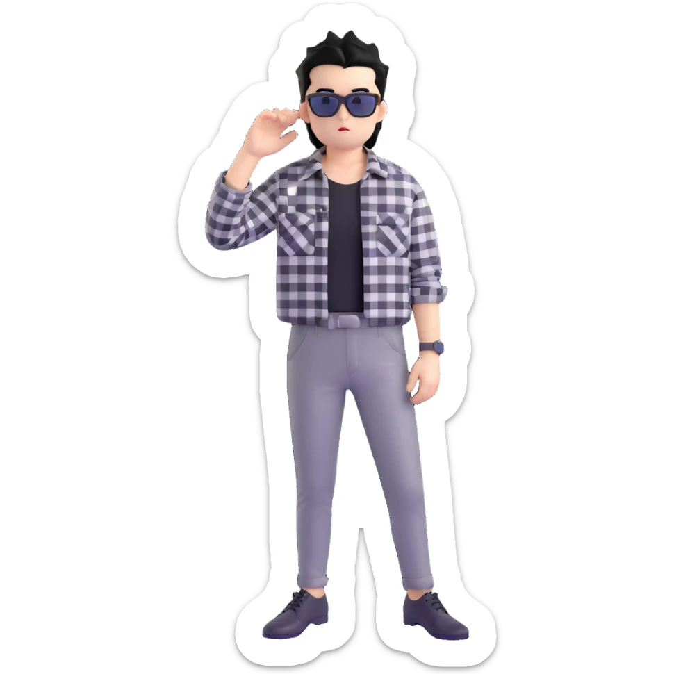 Satoru Gojo from Jujutsu Kaisen with spiky black hair, wearing black and white checkered shirt, black pants, confident expression, sunglasses on top of head sticker