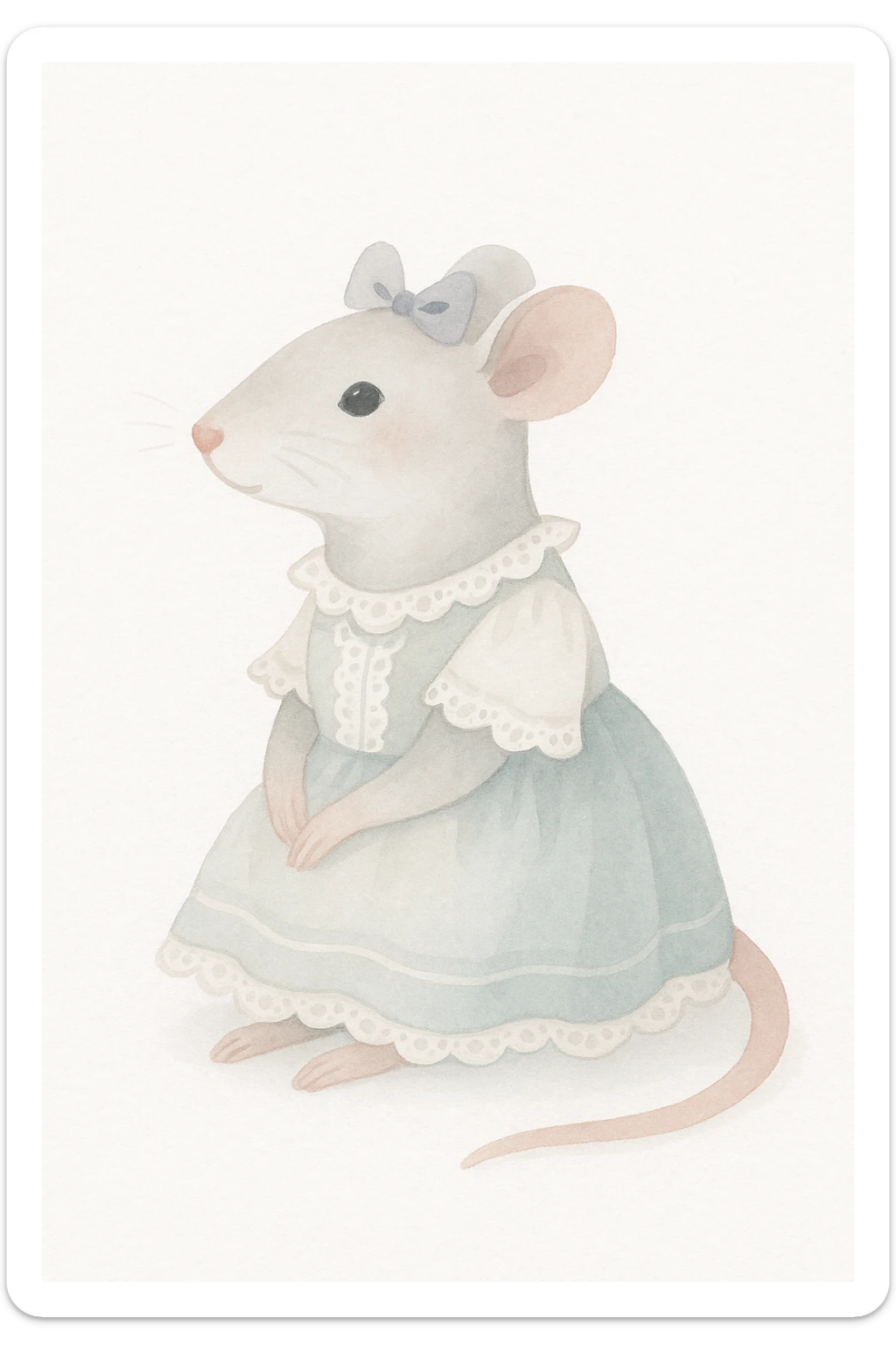 a coquette rat, sitting pretty, with a frilly dress and lace, soft watercolor style sticker