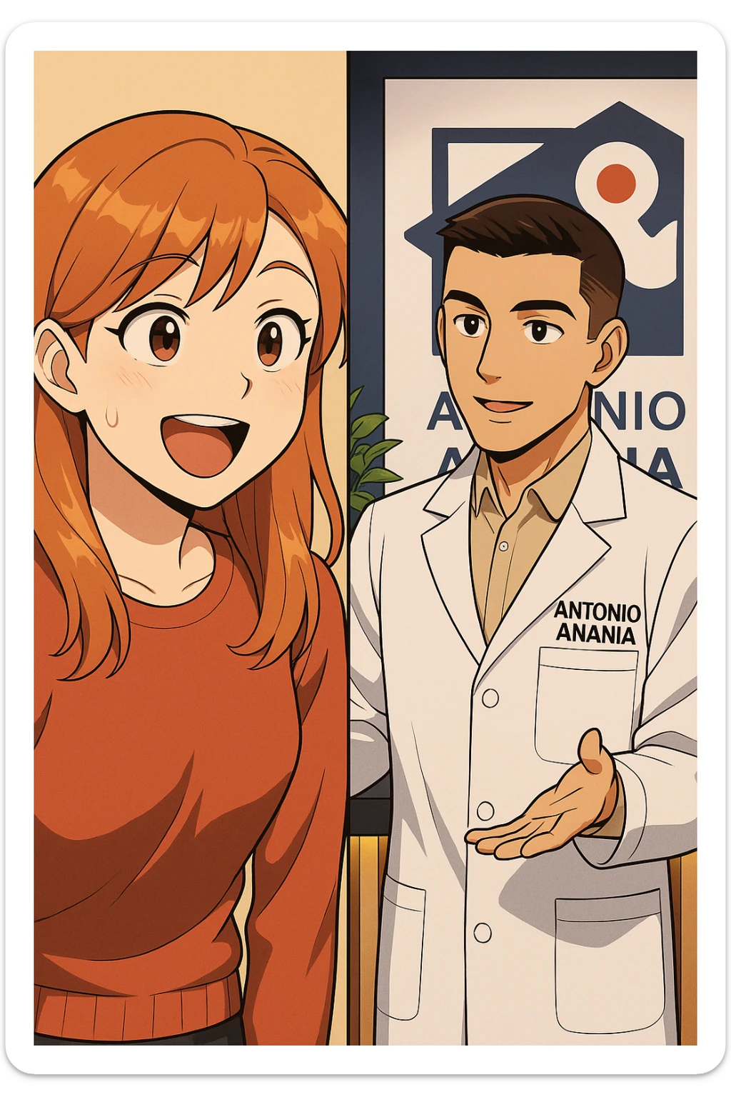 su questo stile fai un manga/webtoon a colori in cui C'è UNA STRISCIA CON FOCUS SUL VOLTO DELLA donna CON ESPRESSIONE DI STUPORE CHE ESCLAMA UNA COSA FELICE, MENTRE NELLA STRISCIA A DESTRA SI VEDE, l'uomo della foto in stile manga LE SPIEGA CHE DEVE PROVARE LA SUA VALUTAZIONE MEDICA, mantieni un ambiente simile alla foto che ho allegato con il suo logo (sarebbe il suo studio, lui è un kinesiologo), scrivigli "ANTONIO ANANIA" sul camice bianco, non mettere fumetti, ma fai in modo che sembri che la donna CHIEDA E  l'uomo RISPONDA sticker