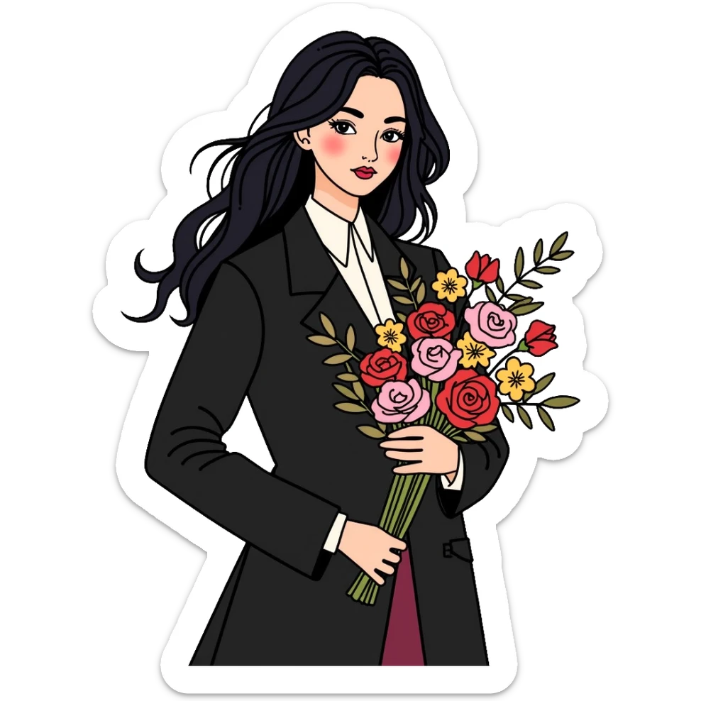 beautiful girl with long black hair wearing a black coat holding a bouquet of flowers sticker