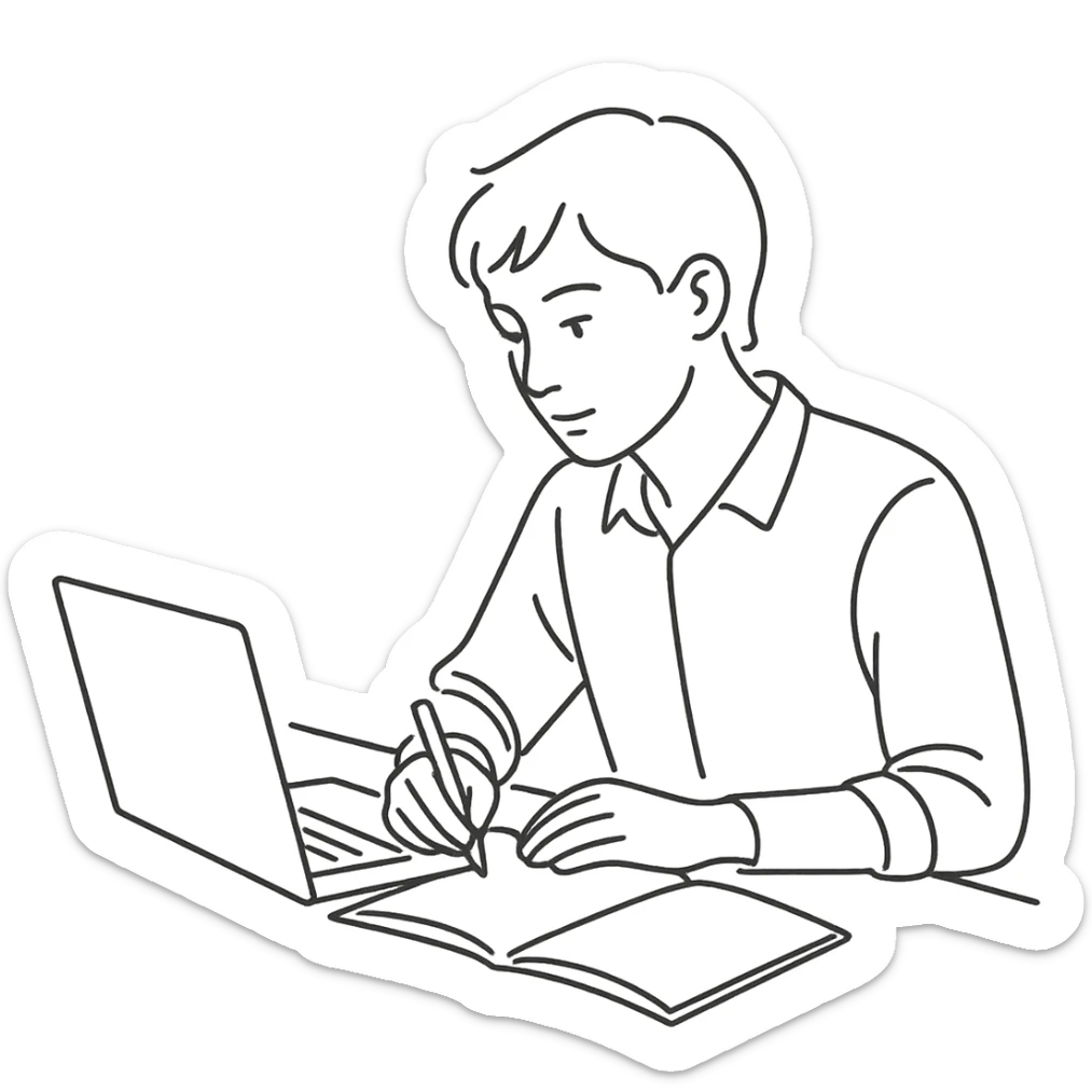 general style line art of a person working, clean lines, minimal shading sticker