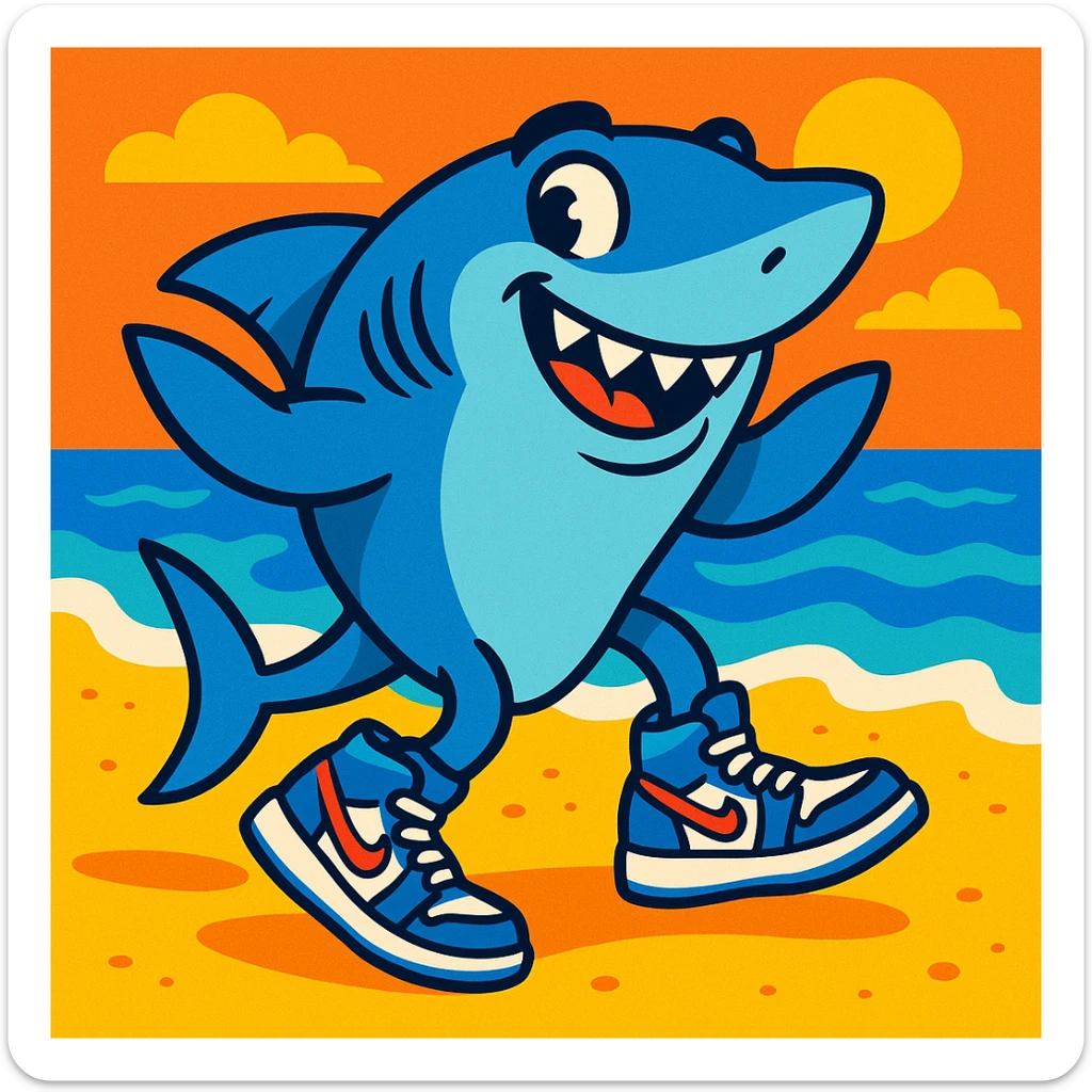 cartoon shark by the beach, all four fins in blue Jordan tennis shoes, with sand and water visible, fun and lively style sticker