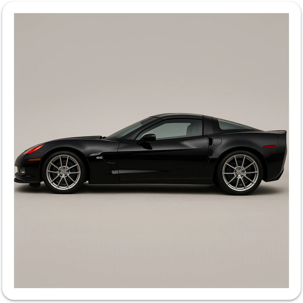 a black 2006 Chevrolet Corvette C6 ZR1 with a red headlight, detailed, sporty, side view sticker