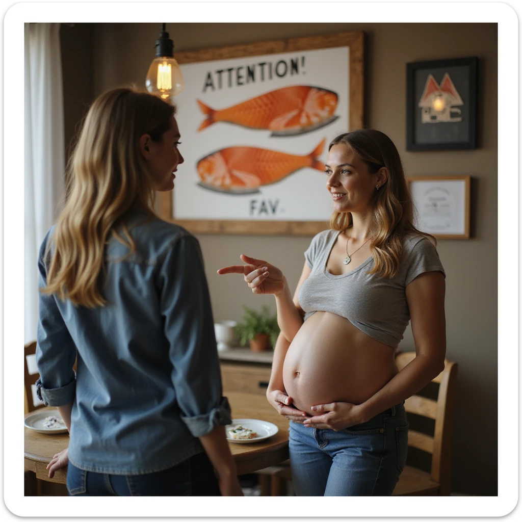 realistic pregnant woman in 4K pointing to a sign that says: 'Attention, consuming raw salmon may pose risks during pregnancy' to a friend sticker