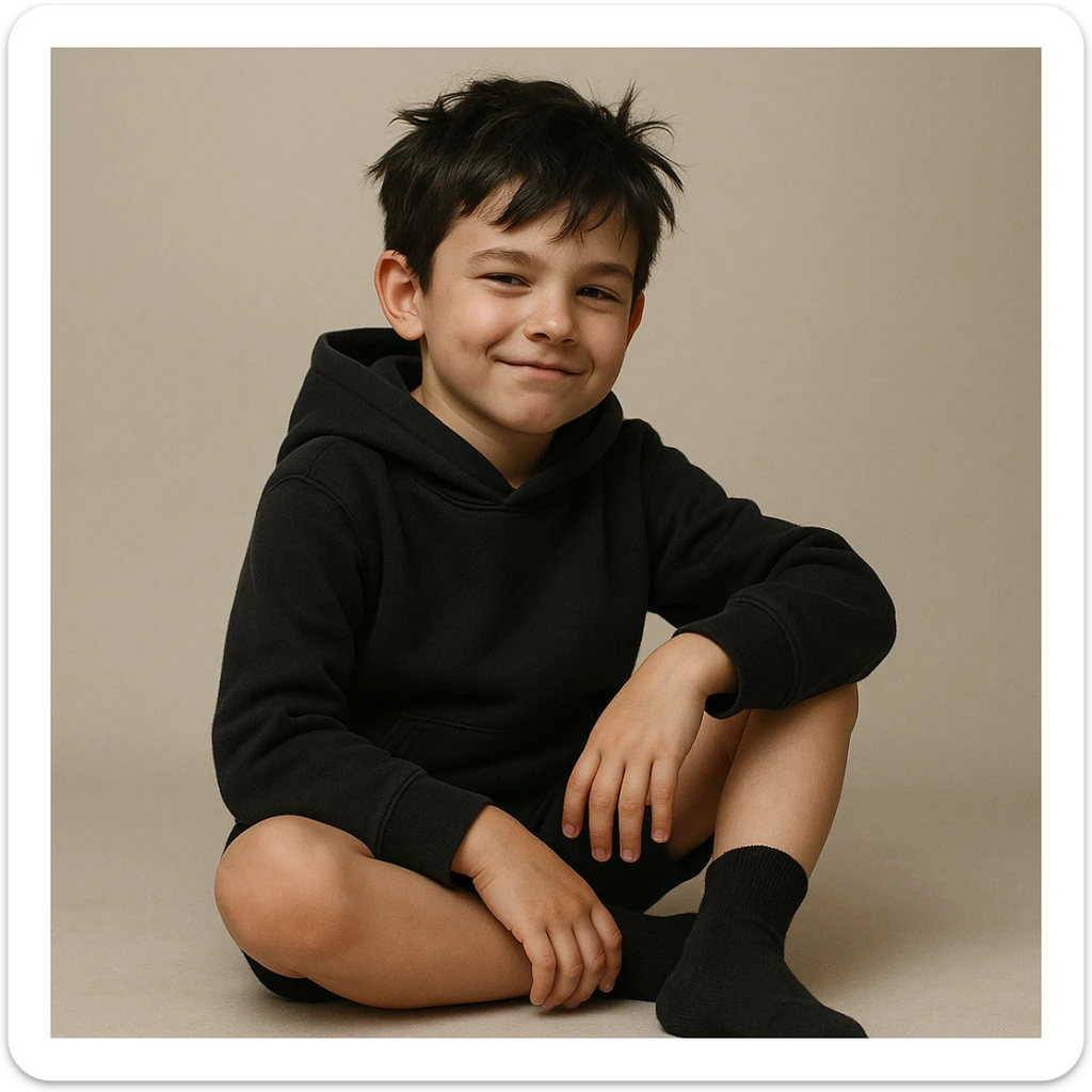 boy kid sitting in a ring sitting pose, wearing a black hoodie with hood off, smirking expression, black messy hair, black shorts, black crew socks, no shoes, only wearing black hoodie, black shorts, and black crew socks sticker